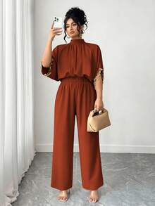 Elenzga 大码女士优雅短袖连体裤，立领，后背系带，刺绣袖口，适合休闲和派对穿着 - 鏽棕色 - 查看 5