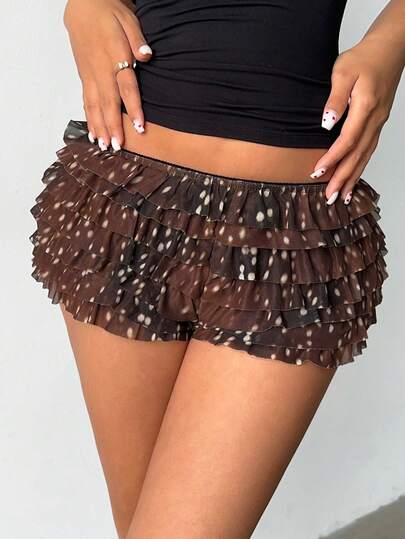 Aloruh 女士秋冬新款迷你短裤，低腰鹿/动物印花热裤，荷叶边裤脚，Y2K风格