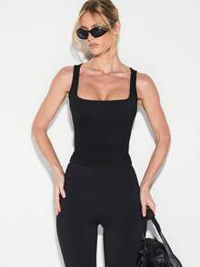 KIZN Sleeveless Square Neck Tank Top Fitted Bodysuit Style Cami Summer Essential Wardrobe Basic - Black - View 1