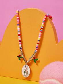 LOONEY TUNES X SHEIN Fashion New Colorful Polymer Clay Beaded Necklace, Zinc Alloy Cartoon Pattern Print, Casual Cute, Suitable For Party, Concert, Festival - Platinum - View 1