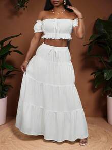 Veslaya Plus Size Summer Beach Vacation French Sweet Lovely Date Off-Shoulder Ruched Ruffle Blouse & Tie Waist Ruffle Hem Maxi Skirt 2 Pieces Resort Set - White Women Summer Clothing Woman S Summer Clothes Women Casual Dress Women Dresses Elegant Gown Women Dresses Birthday - White - View 1