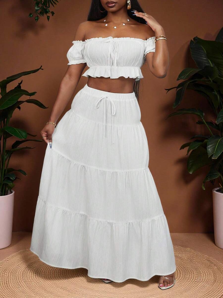 Veslaya Plus Size Summer Beach Vacation French Sweet Lovely Date Off-Shoulder Ruched Ruffle Blouse & Tie Waist Ruffle Hem Maxi Skirt 2 Pieces Resort Set - White Women Summer Clothing Woman S Summer Clothes Women Casual Dress Women Dresses Elegant Gown Women Dresses Birthday - White - View 1