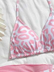 SHEIN 可爱少女豹纹三角吊带泳衣套装，含腰部纱笼（图案随机） - 粉色 - 查看 4