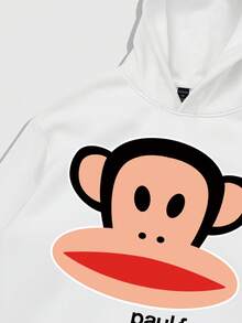 ROMWE MEN Paul Frank X ROMWE 男士休闲时尚街头连帽衫，带有卡通猴子和字母图案，白色，春秋 - 白色 - 查看 3