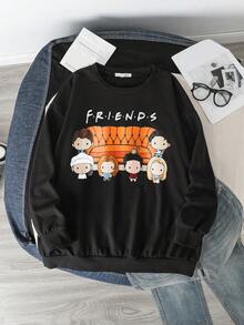 FRIENDS X SHEIN Plus Size Casual Cartoon Character & Letter Print Drop Shoulder Loose Sweatshirt, Spring & Autumn And Winter Fall - Black - View 6