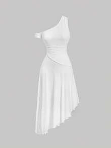 SHEIN MOD Solid Asymmetrical Neck Dress, White Graduation Dress, Elegant Dresses, White Dress, Wedding Guest Dress For Women, Spring/Summer Outfits, Tea Party Outfit Women, Cottagecore Dress, Holidays, Birthday, Festival, Boho Dress, Charming, Casual Dresses For Women, Beach Dress, White Dress, Music Festival, Going Out - White - View 1