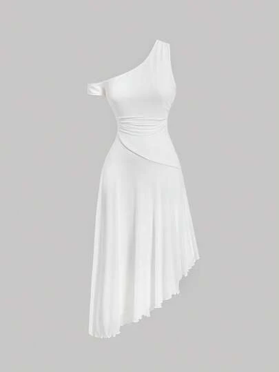 SHEIN MOD Solid Asymmetrical Neck Dress, White Graduation Dress, Elegant Dresses, White Dress, Wedding Guest Dress For Women, Spring/Summer Outfits, Tea Party Outfit Women, Cottagecore Dress, Holidays, Birthday, Festival, Boho Dress, Charming, Casual Dresses For Women, Beach Dress, White Dress