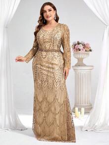 Coutiva Đầm cỡ lớn sang trọng, thanh lịch, thêu sequin, cổ chữ V, tay dài, đính ngọc trai và đá quý, thích hợp mặc mùa thu đông, dự tiệc, dạ hội, đám cưới. Đầm đính cườm, đầm trang trí, đầm vàng, đầm đính đá, đầm cao cấp cho nữ, đầm vàng nữ. - Vàng - Xem 6