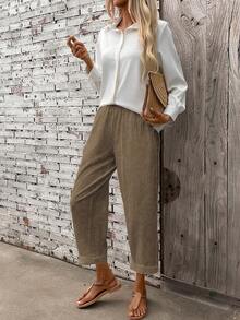 Breezaya 女式纯色松紧腰口袋锥形休闲裤 - 卡其色 - 查看 6