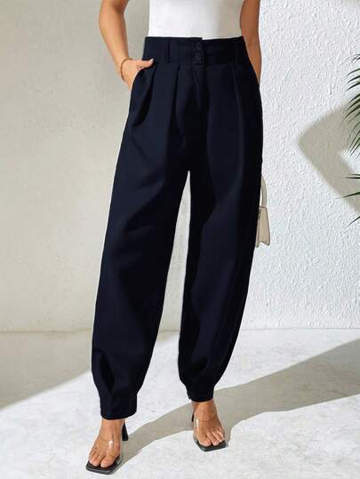 Xyvia Pantalones rectos de cintura alta con doble botón y decoración de pliegues, pantalones de traje casual para primavera y otoño