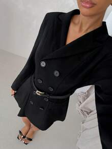 SHEIN Glamour Chaqueta elegante de mujer de doble botonadura en color negro, adecuada para ir al trabajo, atuendos de otoño/invierno, uso al aire libre, casual de negocios, abrigo de invierno - Negro - Ver 1