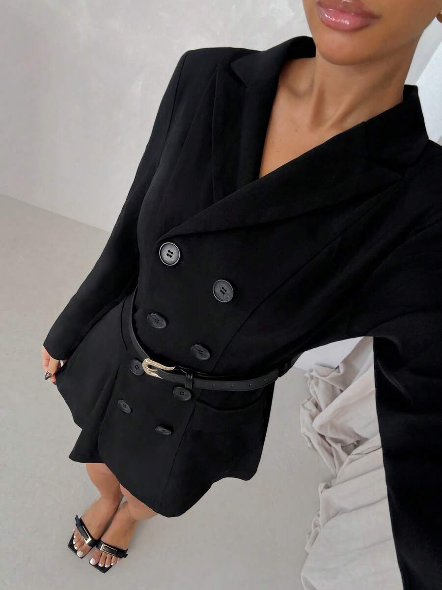 SHEIN Glamour Chaqueta elegante de mujer de doble botonadura en color negro, adecuada para ir al trabajo, atuendos de otoño/invierno, uso al aire libre, casual de negocios, abrigo de invierno - Negro - Ver 1