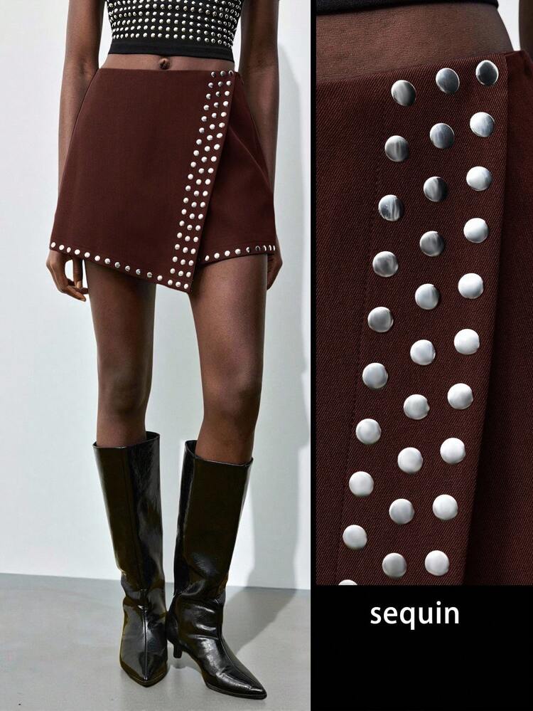 SHEIN Maija Women's Solid Color Rivet Asymmetric Casual Skort, Urban Commute Business Casual, Elegant Office Attire, Suitable For Christmas, New Year Party And Gathering Brown Skort  St Patrick's Day Women Easter Summer Outfits Easter Dress Women Party Top Beach Dress Summer Holiday Outfits Each Vacation Outfits For Women  Summer Outfit For Women Going Out Outfits Graduation Graduation Outfit  Casual Dresses  Casual Blouses For Women