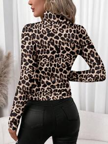 SHEIN Clasi 休闲简约高领长袖性感豹纹针织女式打底T恤，百搭款式，适合秋冬季穿着 - 彩色 - 查看 2