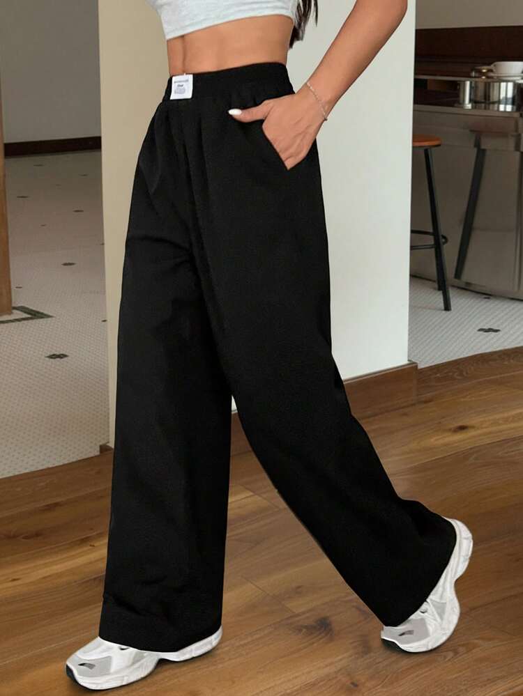 SHEIN EZwear Pantalones rectos y sueltos de pierna ancha de color negro con estampado tipo zhanga para vacaciones de primavera y verano - Negro - Añade 6