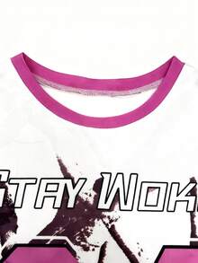 Camiseta casual versátil de mujer con cuello redondo y estampado de lema numérico - Multicolor - Ver 3