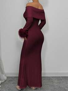 Elenzga 女士纯色简约休闲露肩连衣裙，流苏袖口装饰长款女装 - 酒紅色 - 查看 4