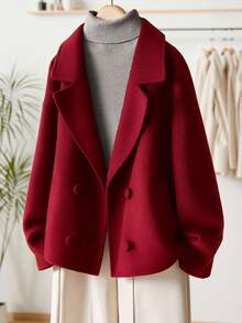 Franclia 女士纯色简约长袖时尚羊毛混纺外套 - 紅色 - 查看 3