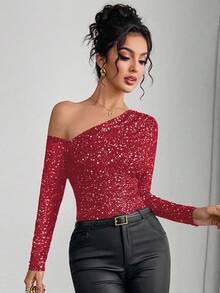 Almamuse Body de manga larga con estampado de lunares metálicos y malla, con hombros descubiertos, para mujer - Rojo - Ver 5