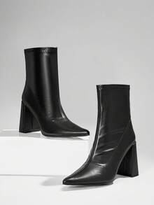 SHUZIA Women's Fashionable & Comfortable Stretch PU Ankle High Heel Booties - Black - View 2