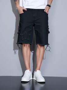 Manfinity Homme Men's Casual Solid Color Denim Black Shorts Jorts With Frayed Hems, Men Cargo Gothic Ripped Fashion Creative Fringe - Black - View 4