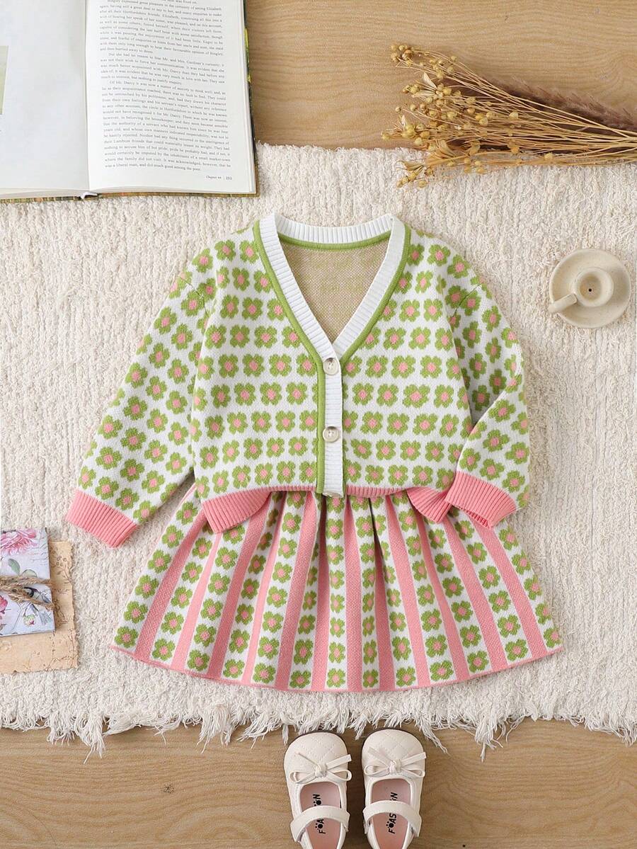 Bộ áo len cardigan dệt kim jacquard nhiều màu họa tiết thu đông cho bé gái - Hồng - Xem 1