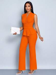 SOLERSUN 女款杏色优雅V领长袖T恤阔腿裤两件套不对称下摆两件套日常休闲女装春夏无袖短袖 - 橘色 - 查看 8