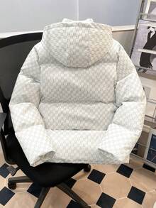 Manfinity Joysei 男士全印花连帽短款夹棉大衣，冬季保暖白色拉链大衣，秋季 - 白色 - 查看 2