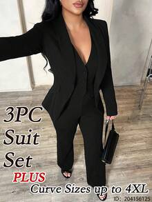 SHEIN SXY Plus Size Women 3-Piece Set: Long Sleeve Blazer, Camisole, And Pants, Sexy Outfit For Commute And Date, Deep Blue Autumn Winter Clothes For Women - Black - View 9