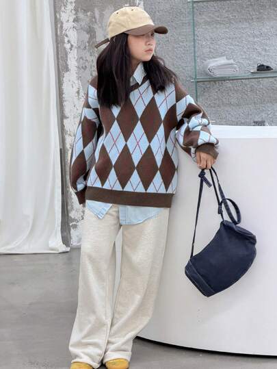 DAZY Girls' Retro V-Neck Argyle Patchwork Pullover Sweater, Fashion School Style