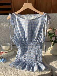 Comfortcana 女士格子印花系带无袖休闲背心，夏季 - 彩色 - 查看 3