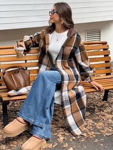 Siren Gaze 女士休闲学院风格子印花保暖连帽长外套，保暖撞色设计，适合日常通勤，秋冬季穿着 - 彩色 - 查看 4