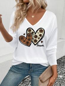 EMERY ROSE 女士玫瑰爱心印花V领长袖T恤，休闲百搭，春夏款 - 白色 - 查看 3