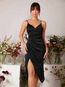 SHEIN Belle 酒红色开衩大腿裹身细节伴娘礼服 - 黑色 - 查看 2