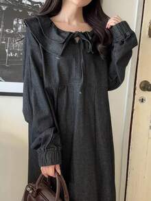 FRIFUL Women's Casual Ruffle Hem Front Tie Denim Dress, Autumn