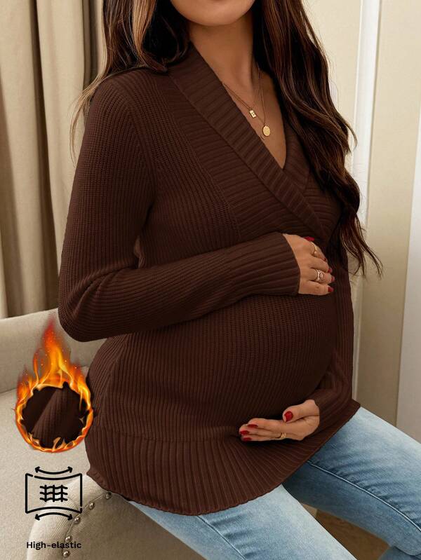 SHEIN Maternity Casual Daily Solid Color V-Neck Ribbed Knit Long Sleeve Sweater, Autumn/Winter Brown Sweater Brown Maternity Top Pregnancy Clothes Maternity Clothes Fall Maternity Shirts For Women