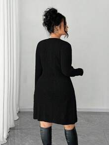 SHEIN Elenzya 女士纯色蝴蝶结优雅派对毛衣连衣裙 - 黑色 - 查看 2