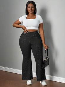 SHEIN PETITE CURVE Plus Size High Waist Flared Shiny Stretchy Knit Black Long Flare Pants, Suitable For Vacation, Outing, Date, Party, Casual Daily Wear Black Flare Pants Flared Leggings Star Pants - Black - View 6