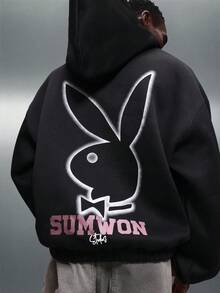 PLAYBOY X SUMWON Cropped Hoodie With Bunny Logo Print Long Sleeve Casual Sweatshirt Winter Fall Streetwear Fashion Pullover Hood - Black - View 1