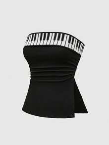 ROMWE Grunge Punk Plus Size Y2K Millennium Piano Keyboard Print Cropped Camisole Top - Black - View 2