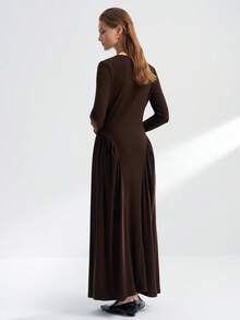 INAWLY Women's Casual Solid Color Flared Knit Dress, Autumn - Coffee - View 2