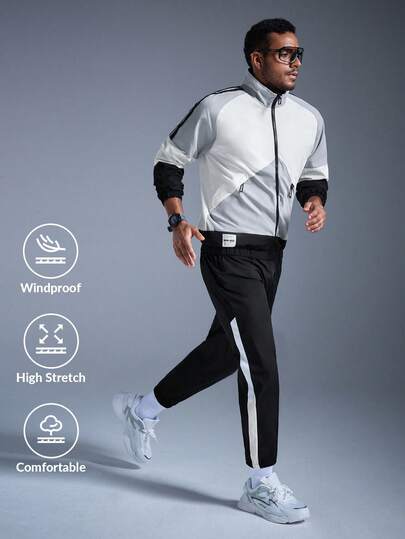  DRIFTMERE 男士撞色运动休闲立领夹克和裤子两件套，防风保暖，适合春秋、冬季、运动、健身、慢跑等场合，春夏皆宜