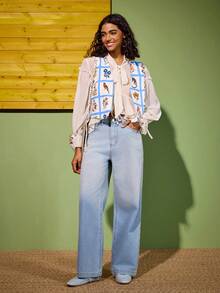 Felipe Marques Women's Floral Print Vest Cardigan Regular Jacket, Casual For Autumn/Winter, Vacation, Party - Baby Blue - View 4