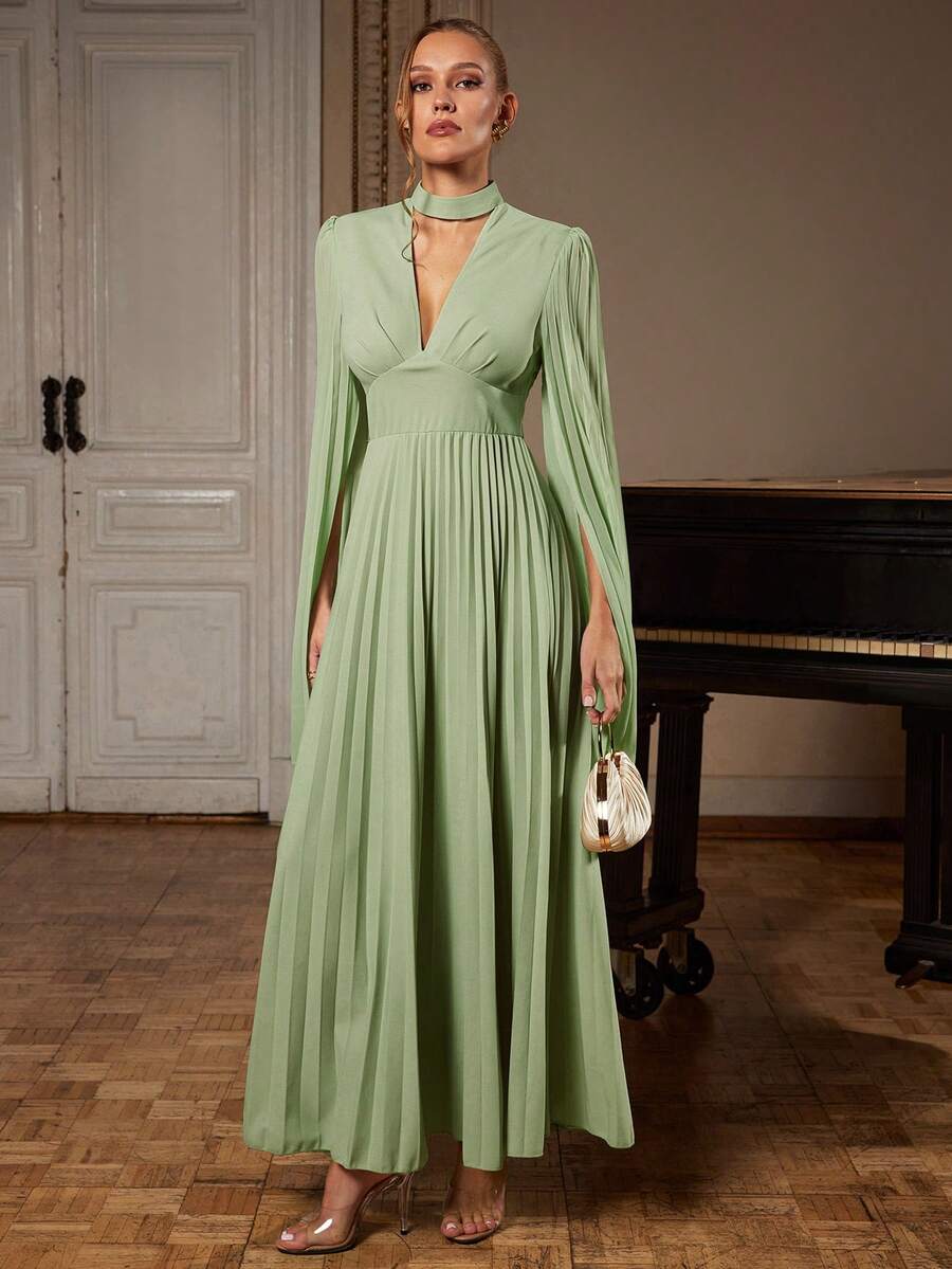 Silquee 女士优雅派对纯色褶皱披肩袖连衣裙 - 綠色 - 查看 1