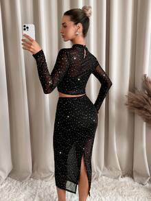 Lavishia Conjunto de 2 piezas de ropa de mujer con tela de rejilla y decoración de strass, versátil negro, adecuado para salidas de otoño/invierno - Negro - Ver 2