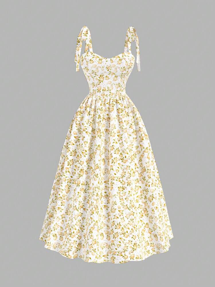 SHEIN MOD Floral Print Strap Tie Up Summer Dress For Women, Floral Print Long Dress For Spring,Vacation Dress, Holiday Dress,Country Outfits,Beach Vacation Wear,Boho Women,Birthday Outfits For Women,Spring And Summer Dress,Brunch Outfits - Yellow - View 1