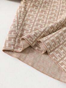 女士V领长袖毛衣，百搭设计，金属纽扣点缀，人字纹图案，棕色，休闲日常穿着 - 棕色 - 查看 7