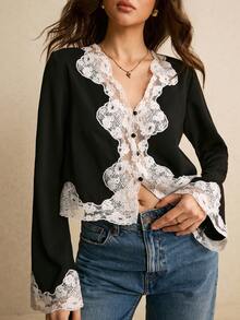 Poéselle 女士优雅通勤撞色蕾丝拼接衬衫，优雅女式衬衫，休闲女装，新年女装，适合日常穿着、外出、秋冬通勤 - 黑與白 - 查看 6