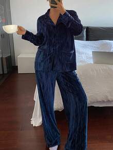 DAZY 2pcs Women Velvet Texture Glossy Loose Long Sleeve Pajama Set - Navy Blue - View 4