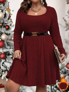 Vionelle Plus Ribbed Knit Scoop Neck Dress Without Belt Fall Cloth For Women - Burgundy - View 1